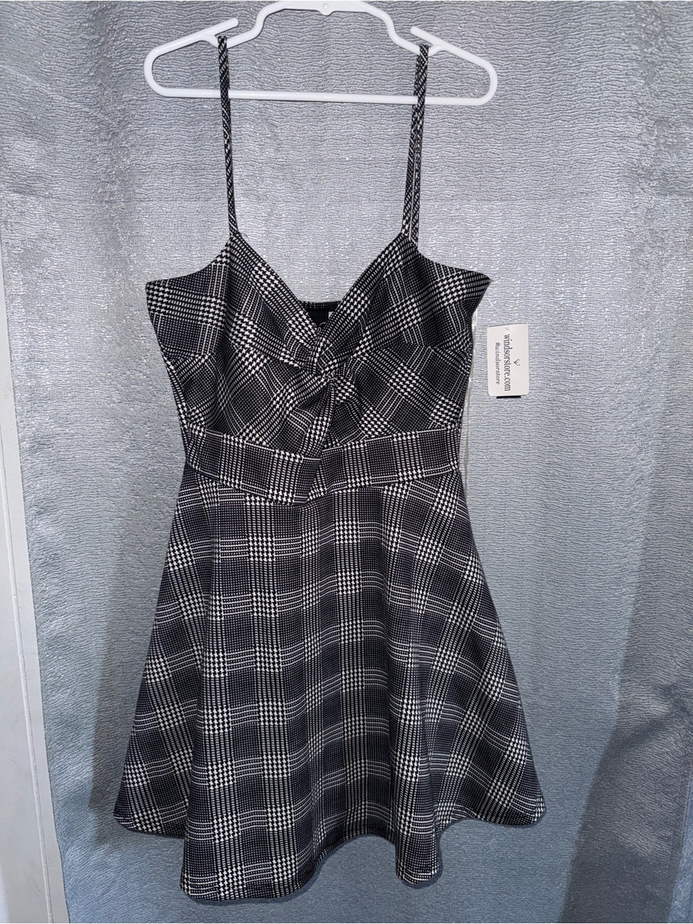 Windsor Black Plaid Knot-Front Spaghetti Strap Mini Dress